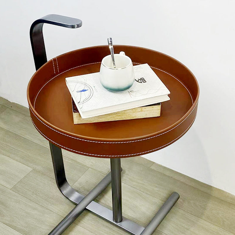 Modern Minimalist Round Tray Leather Stainless Steel Side Table For Living Room