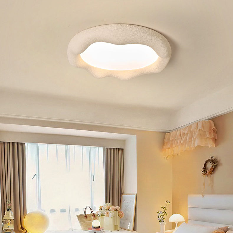 Modern Minimalist Cream Round Iron Fiberglass LED Flush Mount Ceiling Light For Living Room