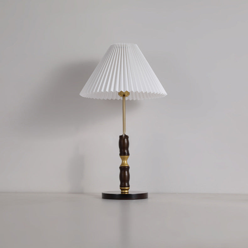 Traditional Vintage Pleated Cone Ironwood Fabric 1-Light Table Lamp For Bedroom