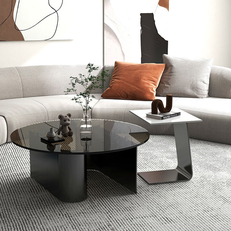 Modern Minimalist Round Square Glass Slate Metal Coffee Table For Living Room