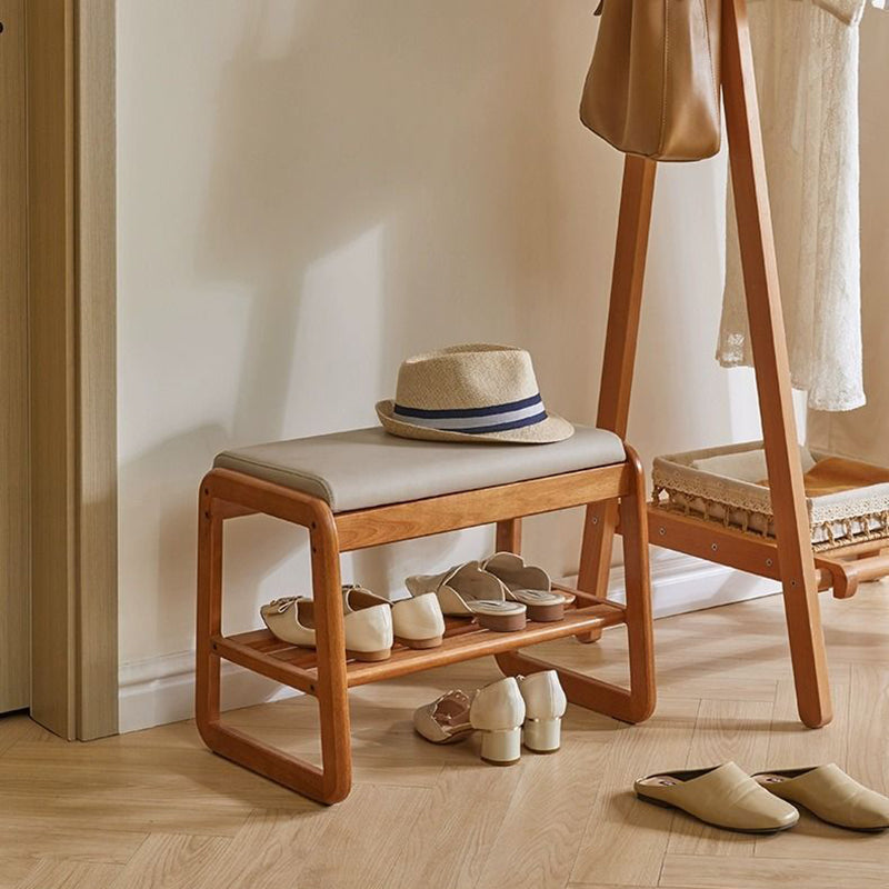 Modern Minimalist Rectangular Solid Wood Leather Shoe Storage Benches For Entryways