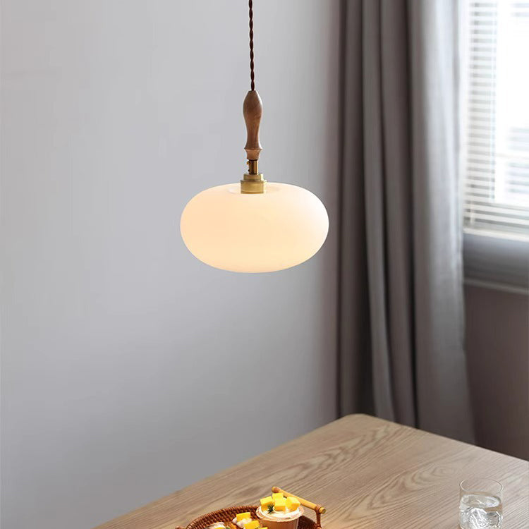 Modern Minimalist Copper Glass Wood Persimmon Shaped 1-Light Pendant Light For Dining Room