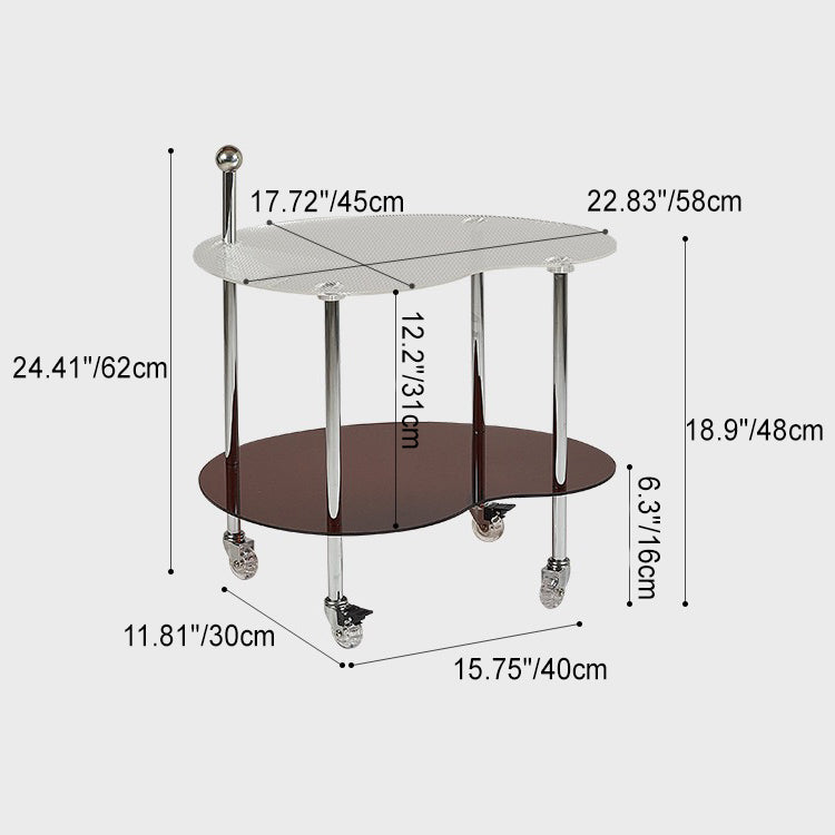 Modern Minimalist Mango Shaped Glass Stainless Steel Side Table Wheels Two Tiers For Living Room