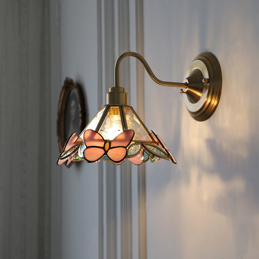 Traditional Vintage Colorful Butterfly Decorative Tapered Glass Shade Brass 1-Light Wall Sconce Lamp For Bedroom