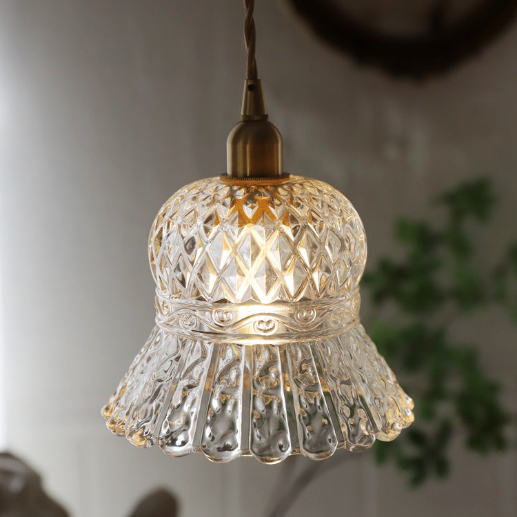 Traditional French Floral Brass Glass 1-Light Pendant Light For Living Room