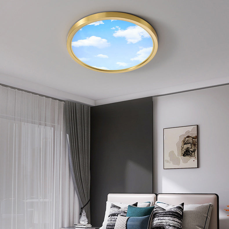 Modern Simplicity Full Copper Blue Sky Cloud Design Round Acrylic Shade LED Flush Mount Ceiling Light For Living Room