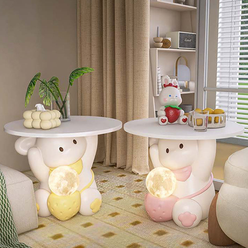 Modern Art Deco Kids Rabbit Round Plate Rectangular Drawer Resin Wood Enamel End Table 1-Drawer With LED Light For Bedroom