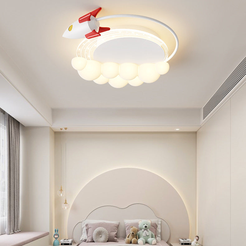 Modern Art Deco Kids Iron PE Rocket Cloud Round LED Flush Mount Ceiling Light For Bedroom