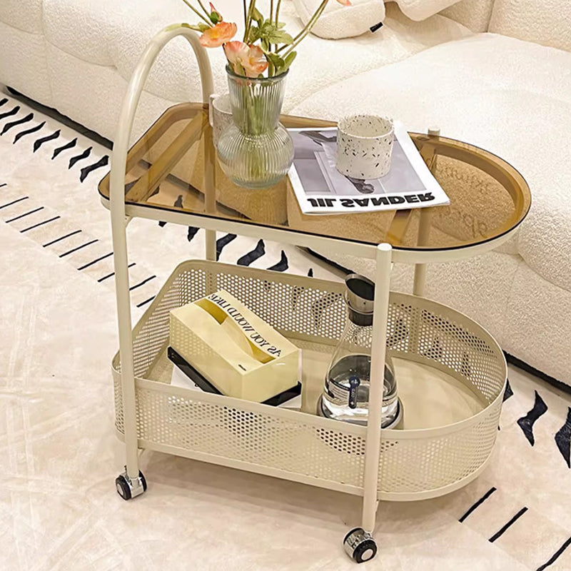 Modern Simplicity Semicircle Glass Top Iron Movable Side Table 2-Tier Cabinet For Living Room