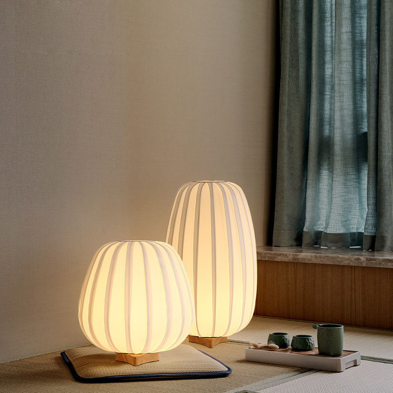 Modern Minimalist Pleated Oval Wooden Fabric Hardware 1-Light Table Lamp For Bedroom