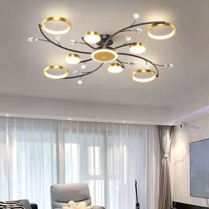 Modern Luxury Branch Round Hardware Iron Acrylic Crystal Silicone LED Semi-Flush Mount Ceiling Light For Living Room