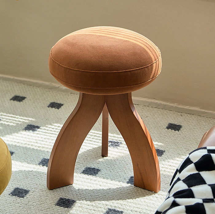 Traditional Vintage Round Triangle Base Wood Fabric Vanity Stool For Bedroom