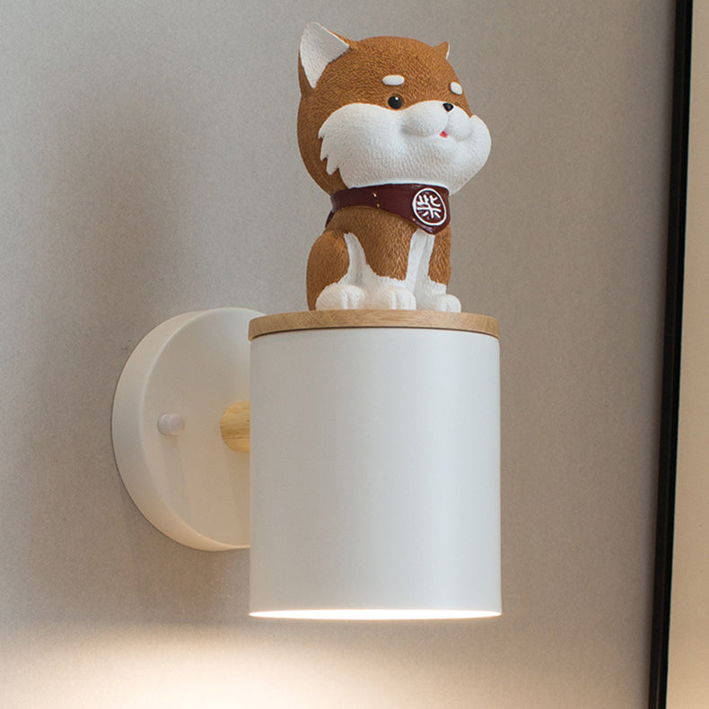 Contemporary Creative Resin Puppy Iron Cylinder Shade 1-Light Wall Sconce Lamp For Bedroom