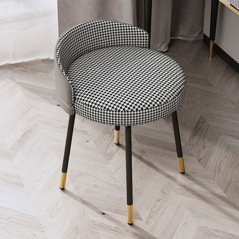 Contemporary Nordic Round Houndstooth Leather Fabric Splicing Vanity Stool Low Back For Bedroom