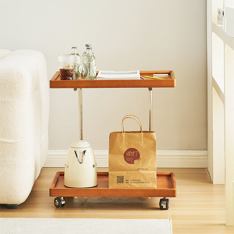 Modern Minimalist Square Wood Metal End Table Two Tier Wheels For Living Room