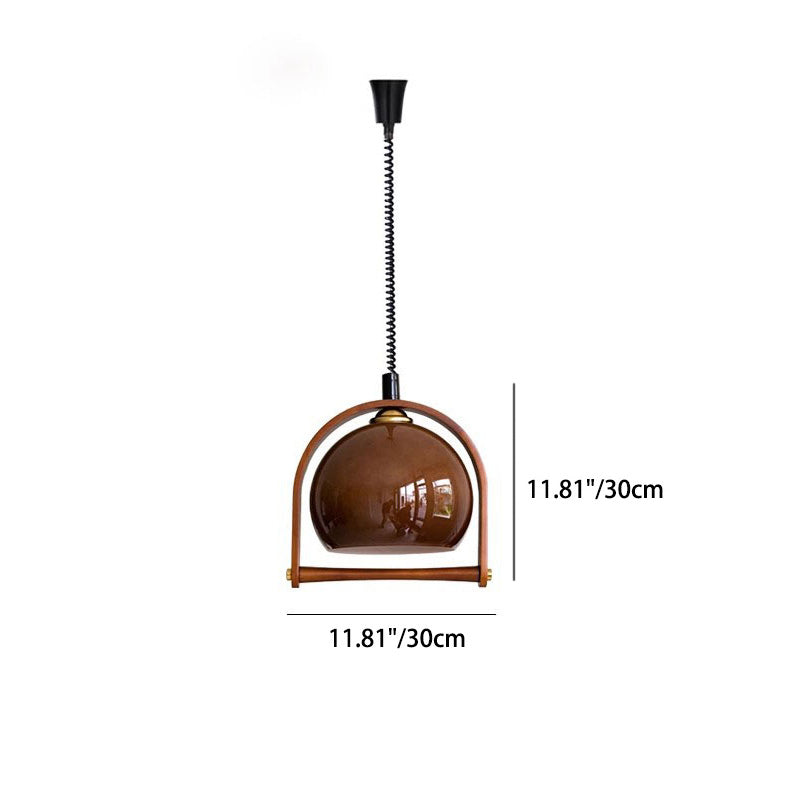 Traditional Japanese Telescopic Wood Amber Round Glass 1-Light Pendant Light For Dining Room