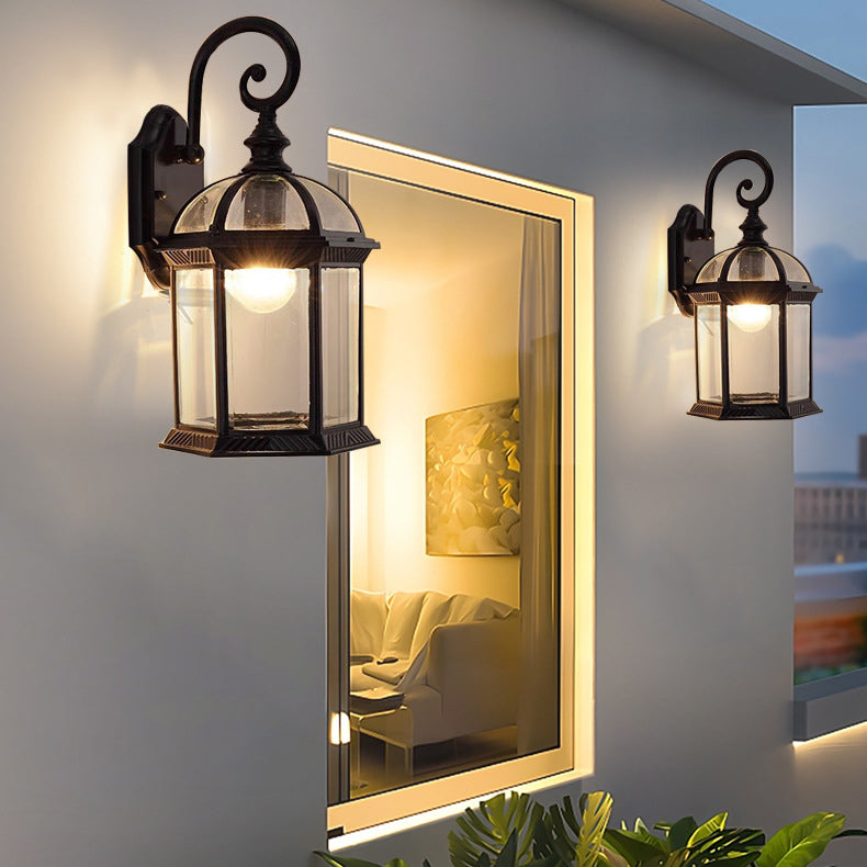 Traditional Vintage Hexagonal Castle Aluminum Glass 1-Light Outdoor Wall Sconce Lamp For Garden