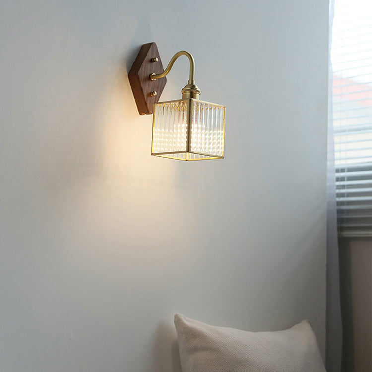 Traditional Vintage Square Copper Glass Wood 1-Light Wall Sconce Lamp For Bedroom