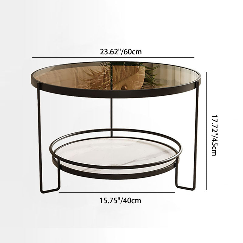 Modern Minimalist Round Glass Rock Slab Iron Coffee Table 2-Tiers For Living Room