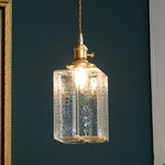 Contemporary Vintage Rectangular Square Draped Glass Brass 1-Light Pendant Light For Living Room