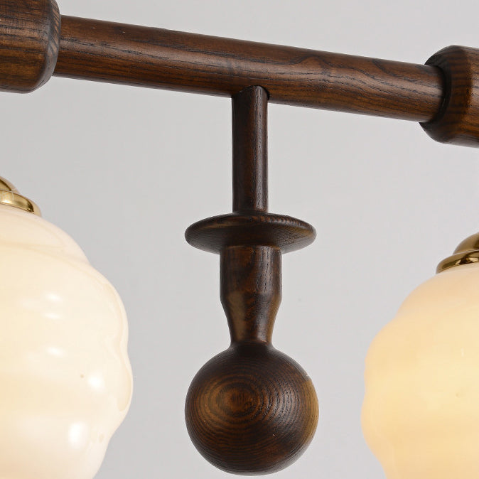 Traditional Vintage Long Round Ball Wood Glass 4-Light Island Light Chandelier For Dining Room