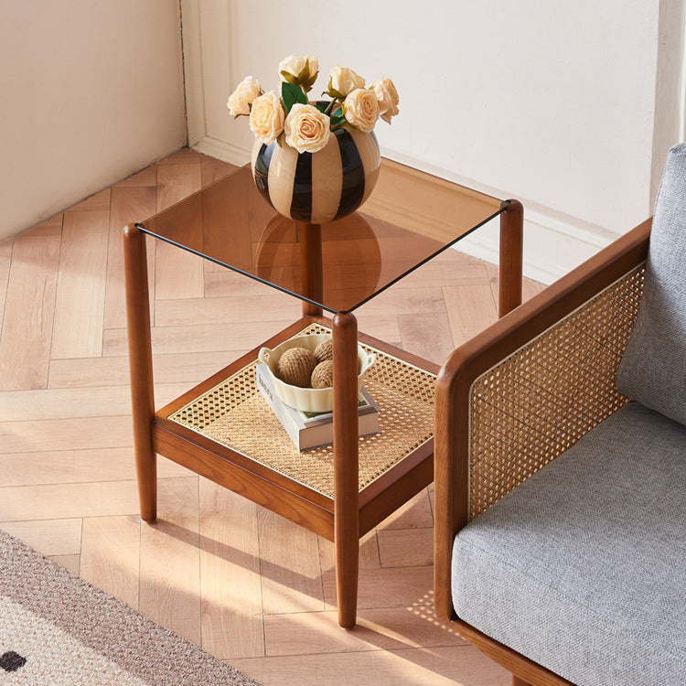 Traditional Japanese Weaving Square Ash Wood Glass End Table 2-Tier For Living Room