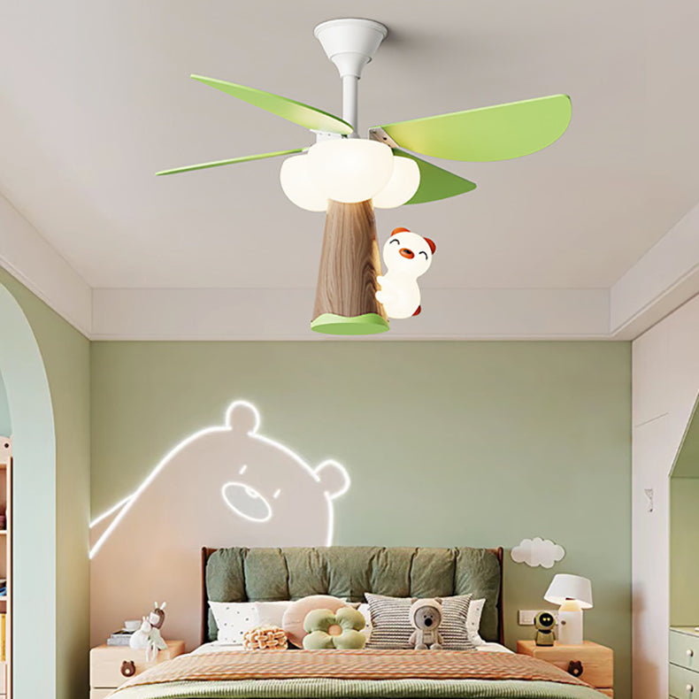 Contemporary Creative Kids PVC Iron Wood Tree Bear LED Semi-Flush Mount Ceiling Fan Light For Bedroom