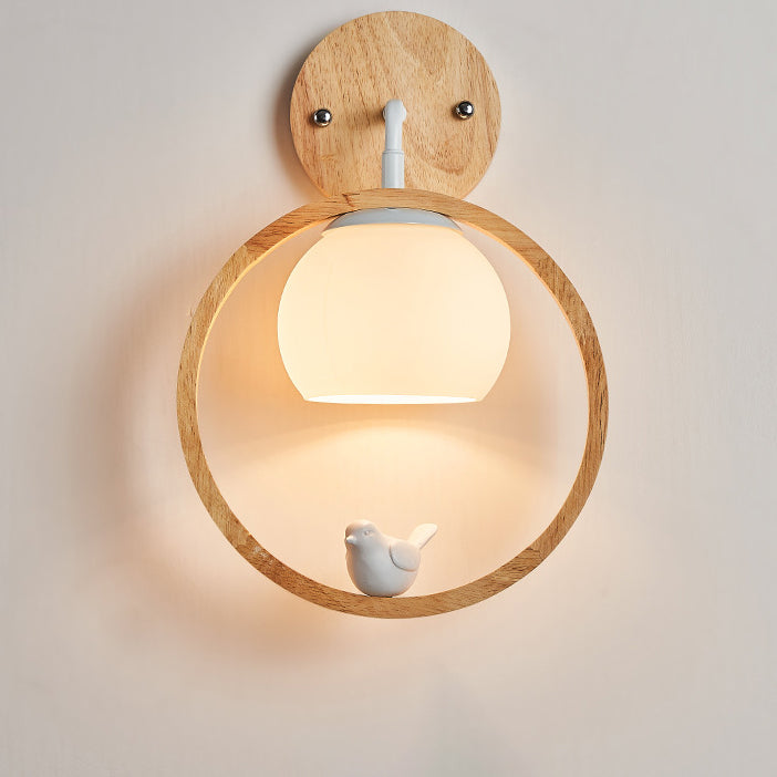 Contemporary Scandinavian Round Bird Wood Glass 1-Light Wall Sconce Lamp For Bedroom