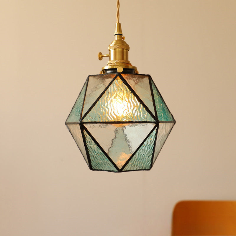 Traditional Vintage Polygonal Brass Stained Glass 1-Light Pendant Light For Living Room