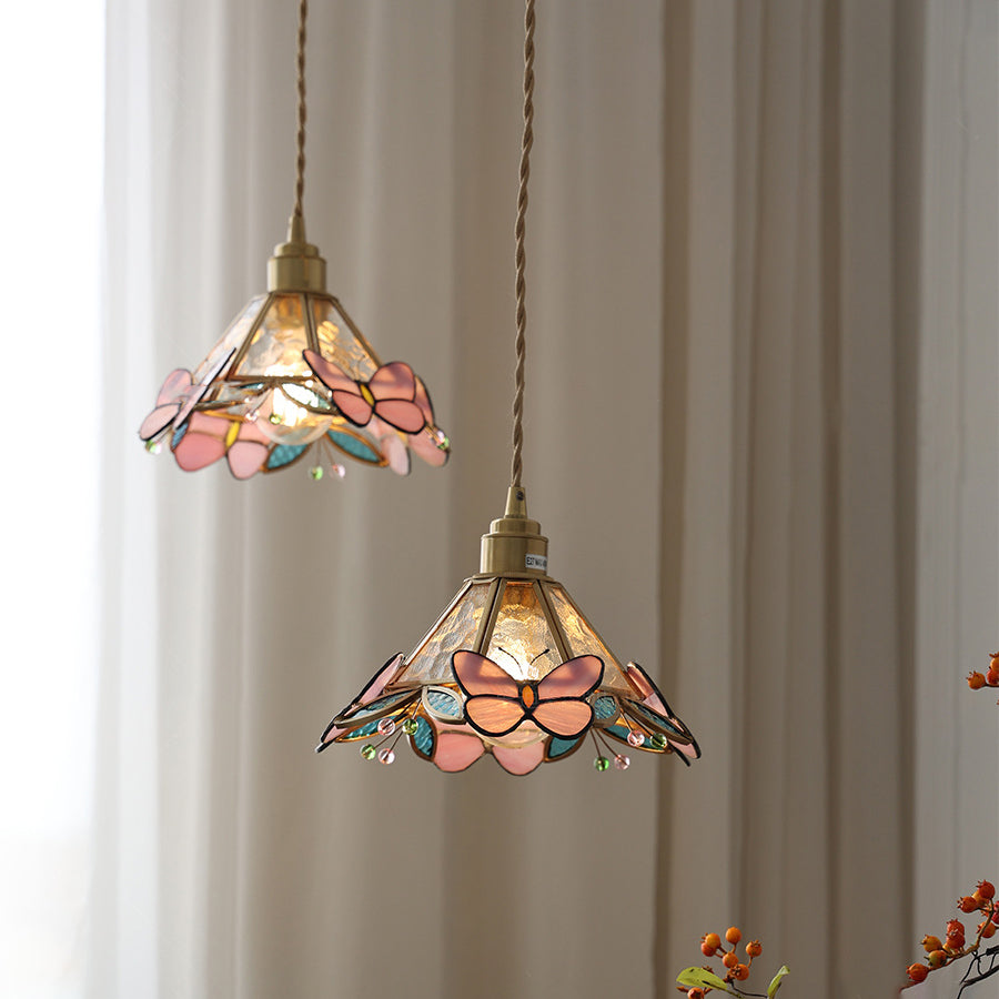 Traditional Vintage Colorful Butterfly Decorative Tapered Glass Shade Brass 1-Light Pendant Light For Bedroom