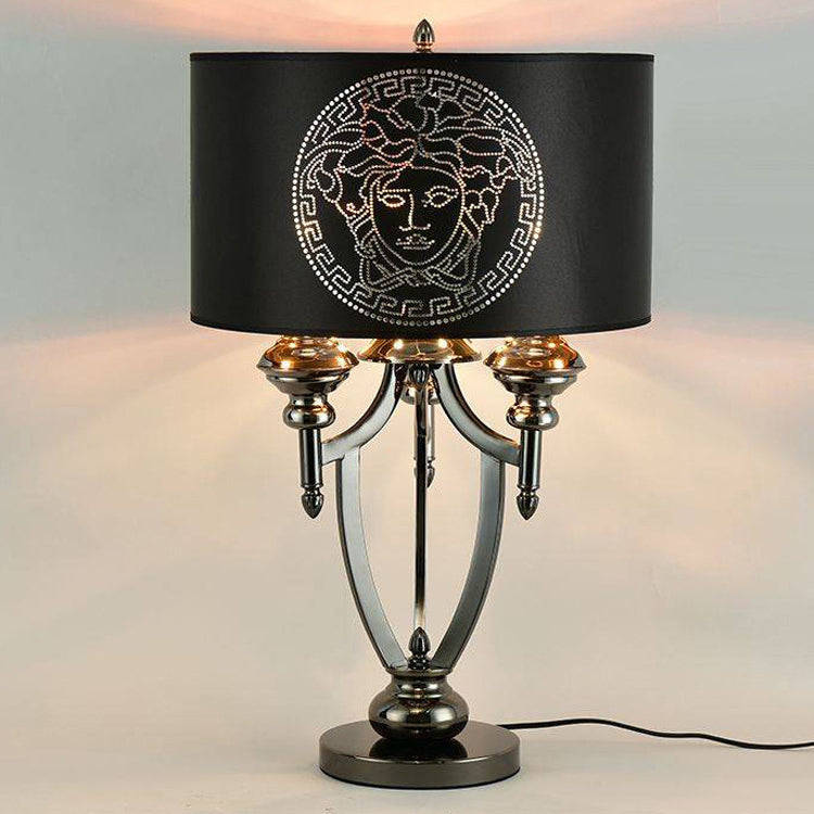 Contemporary Retro Fabric Iron Marble Cylinder 3-Light Table Lamp For Study