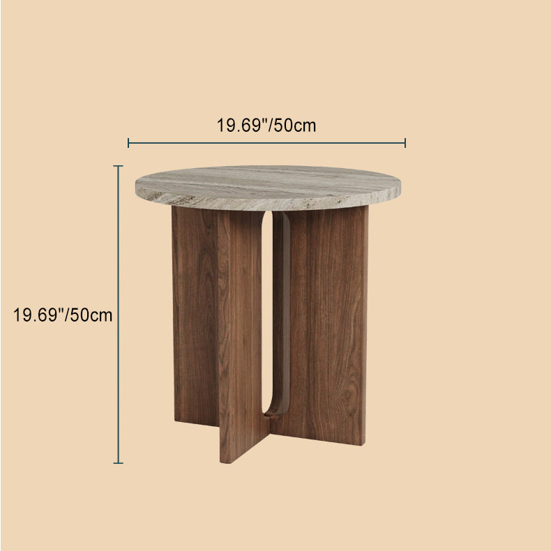 Traditional Vintage Round Rectangle Cross Base Natural Travertine Wood Coffee Table For Living Room