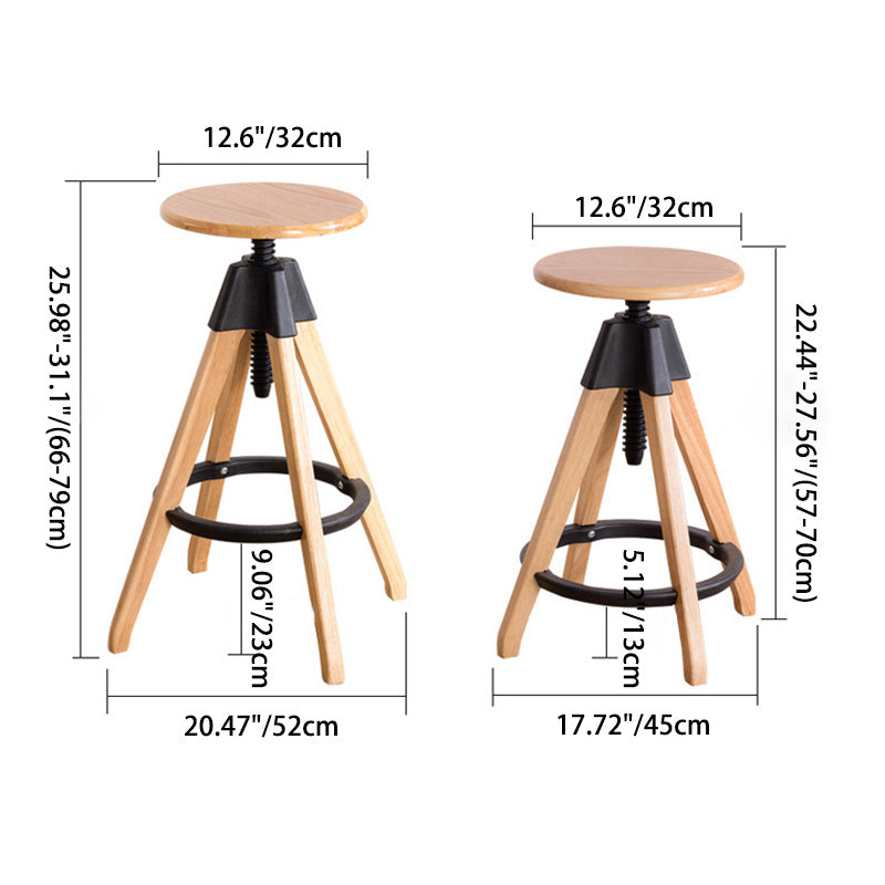 Traditional Vintage Solid Wood Round Nylon Threaded Rod Counter Stool Height Adjustable Swivel  Footrest For Kitchen