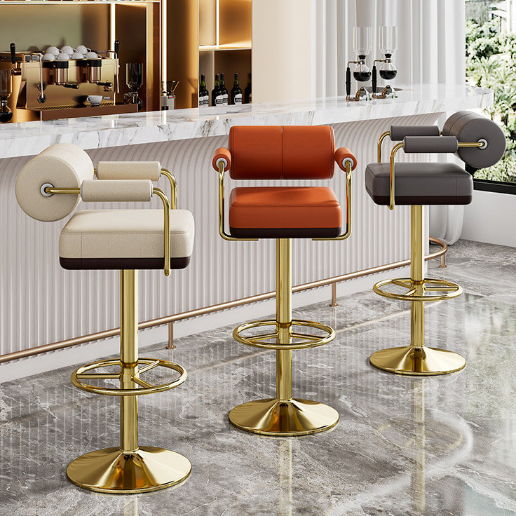 Modern Luxury Square Cylindrical Leather Metal Bar Stool Backrest Armrest For Dining Room