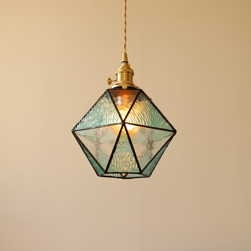 Traditional Vintage Polygonal Brass Stained Glass 1-Light Pendant Light For Living Room