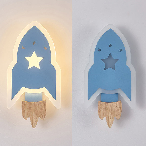 Contemporary Creative Kids Wood Acrylic Rocket LED Wall Sconce Lamp For Bedside