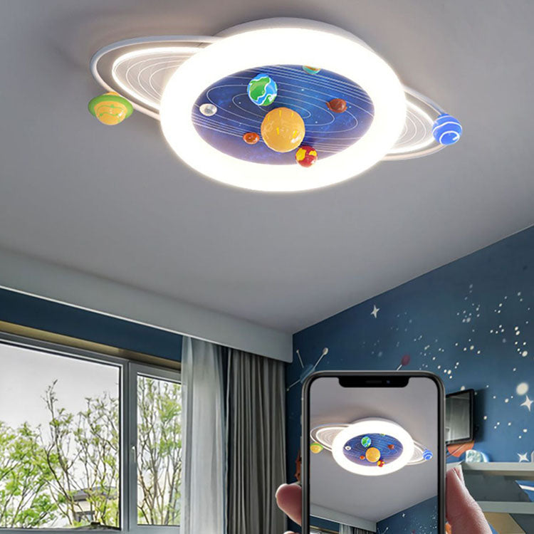 Contemporary Creative Kids Round Planet Acrylic Iron LED Flush Mount Ceiling Light For Bedroom