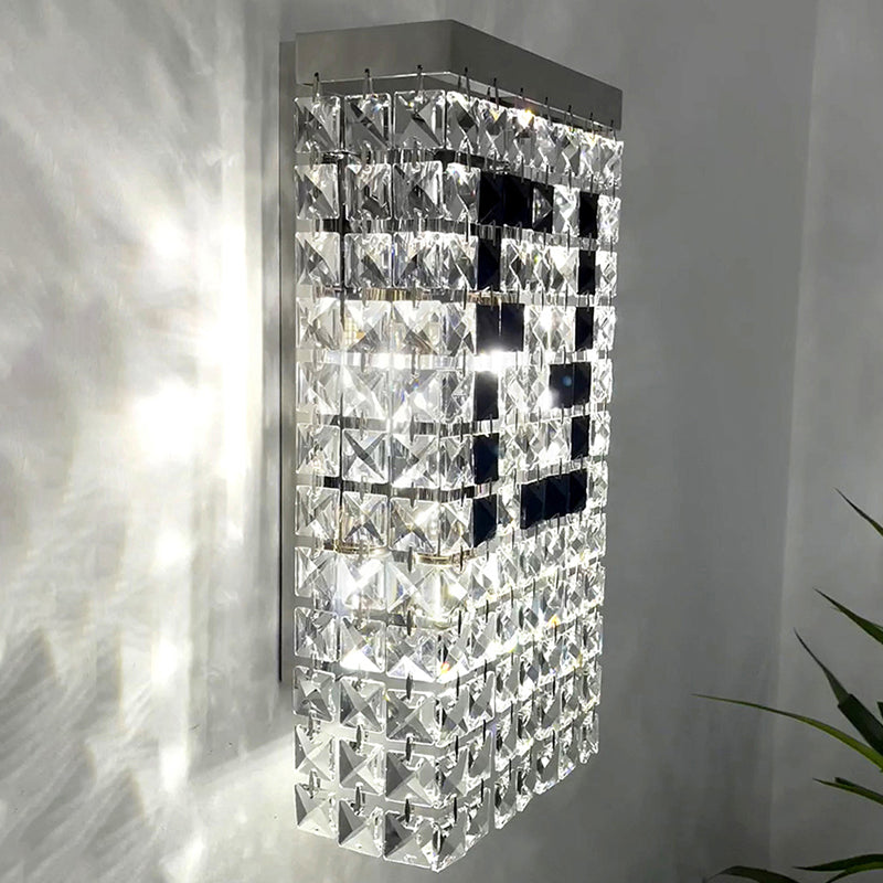 Modern Minimalist Rectangular Small Square Stainless Steel Crystal 3-Light Wall Sconce Lamp For Living Room