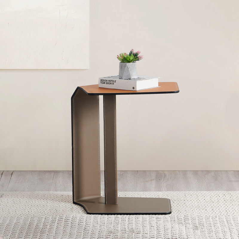 Modern Simplicity Irregular Shape Saddle Leather Carbon Steel Side Table Embedded For Living Room