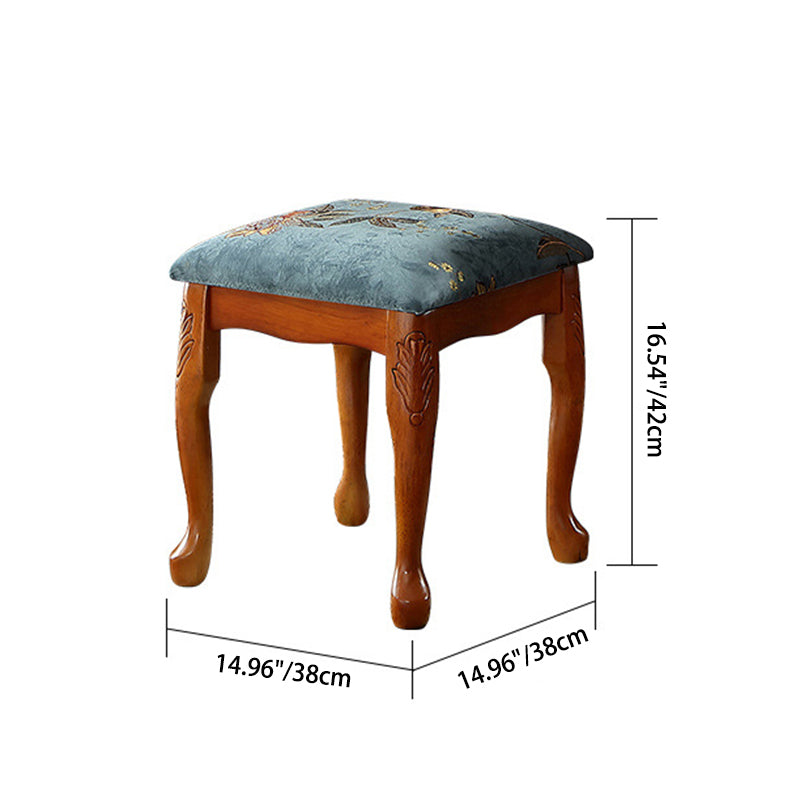 Traditional European Square Fabric Upholstered Wood Carved Frame Vanity Stool For Bedroom