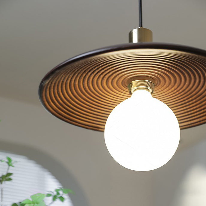 Traditional Japanese Wooden Flying Saucer Shape Hardware 1-Light Pendant Light For Living Room