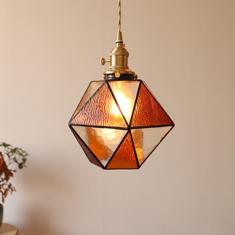 Traditional Vintage Polygonal Brass Stained Glass 1-Light Pendant Light For Living Room