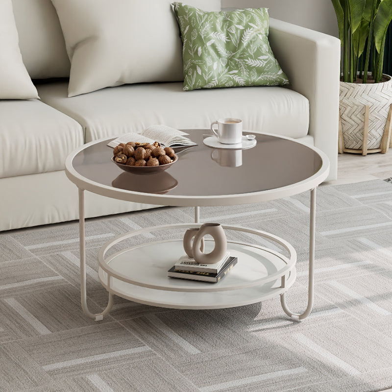 Modern Simplicity Round Striped Glass Slab Metal Coffee Table 2-Tier For Living Room