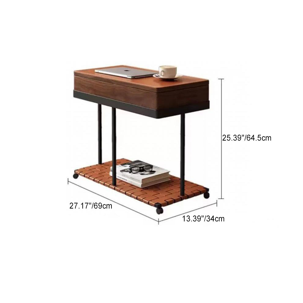 Traditional Vintage Removable Rectangle Solid Wood Iron Saddle Leather Side Table 2-Tier For Living Room