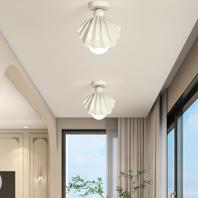 Contemporary Creative Cream Iron Resin Shell Design 1-Light Semi-Flush Mount Ceiling Light For Living Room