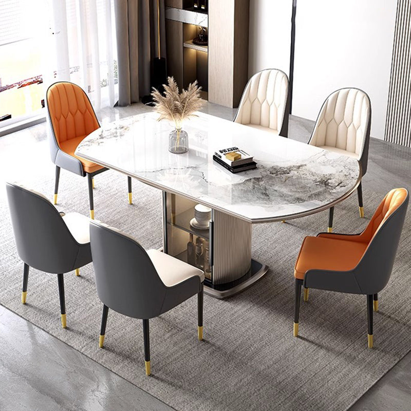 Contemporary Nordic Elliptical Slab Wood Glass Dining Table & Chair Set For 4 Seats