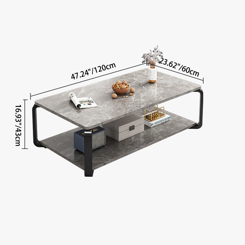 Modern Minimalist Rectangular Table Top Metal Marble Coffee Table 1-Shelf For Living Room