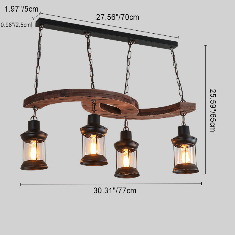 Traditional Japanese Wood Double Moon Design Iron Glass Bottle Shade 4-Light Island Light Chandelier For Dining Room