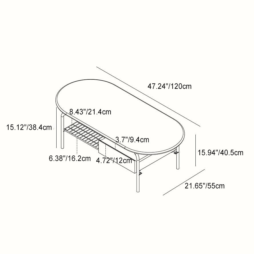 Contemporary Retro Elliptical Pine Wood Cherry Wood Stainless Steel Coffee Table 2-Tier For Living Room