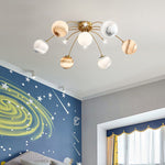 Contemporary Creative Planet Kids Iron Glass 13-Light Semi-Flush Mount Ceiling Light For Bedroom